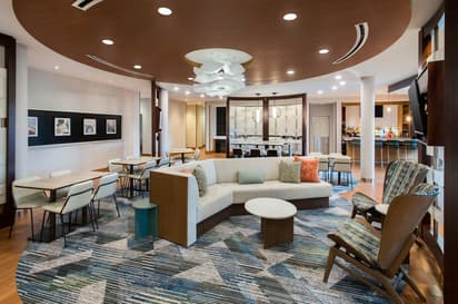 Interior photo of renovated hotel lobby 